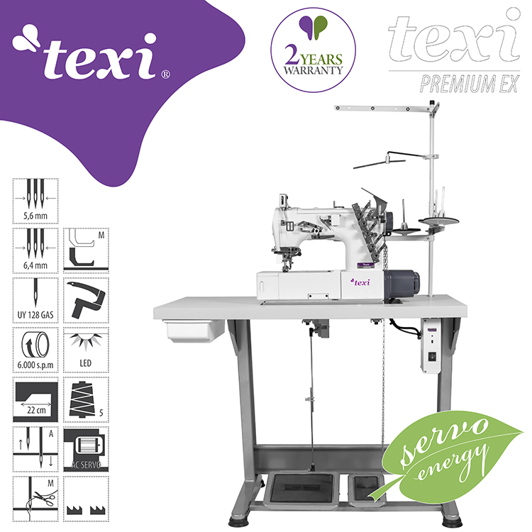 TEXI TRECCIA PREMIUM EX - 3-needle flat bed coverstitch (interlock) machine with built-in AC Servo motor and needles positioning - complete sewing machine with 2 years warranty - 1 3-needle flat bed coverstitch (interlock) machine with built-in AC Servo motor and needles positioning - complete sewing machine with 2 years warranty