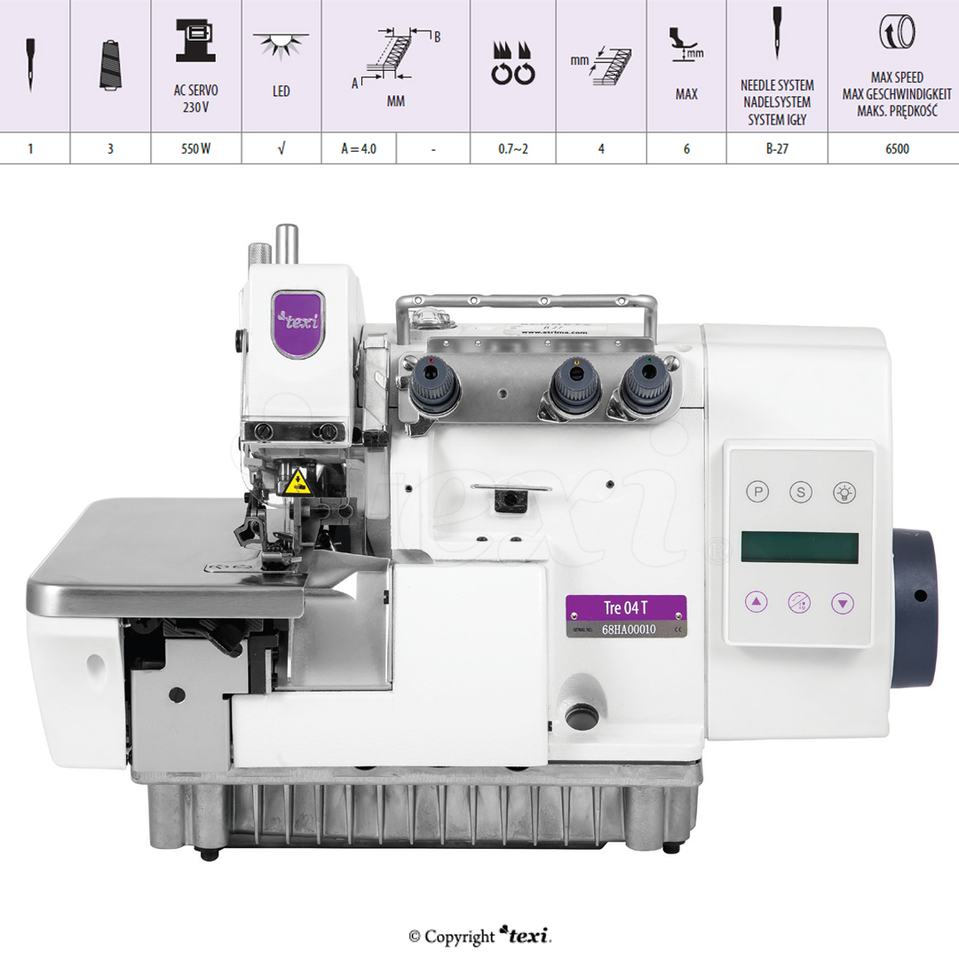 TEXI TRE 04 T PREMIUM EX - 3-threads mechatronic overlock machine with needles positioning - complete sewing machine with 2 years warranty - 5 3-threads mechatronic overlock machine with needles positioning - complete sewing machine with 2 years warranty