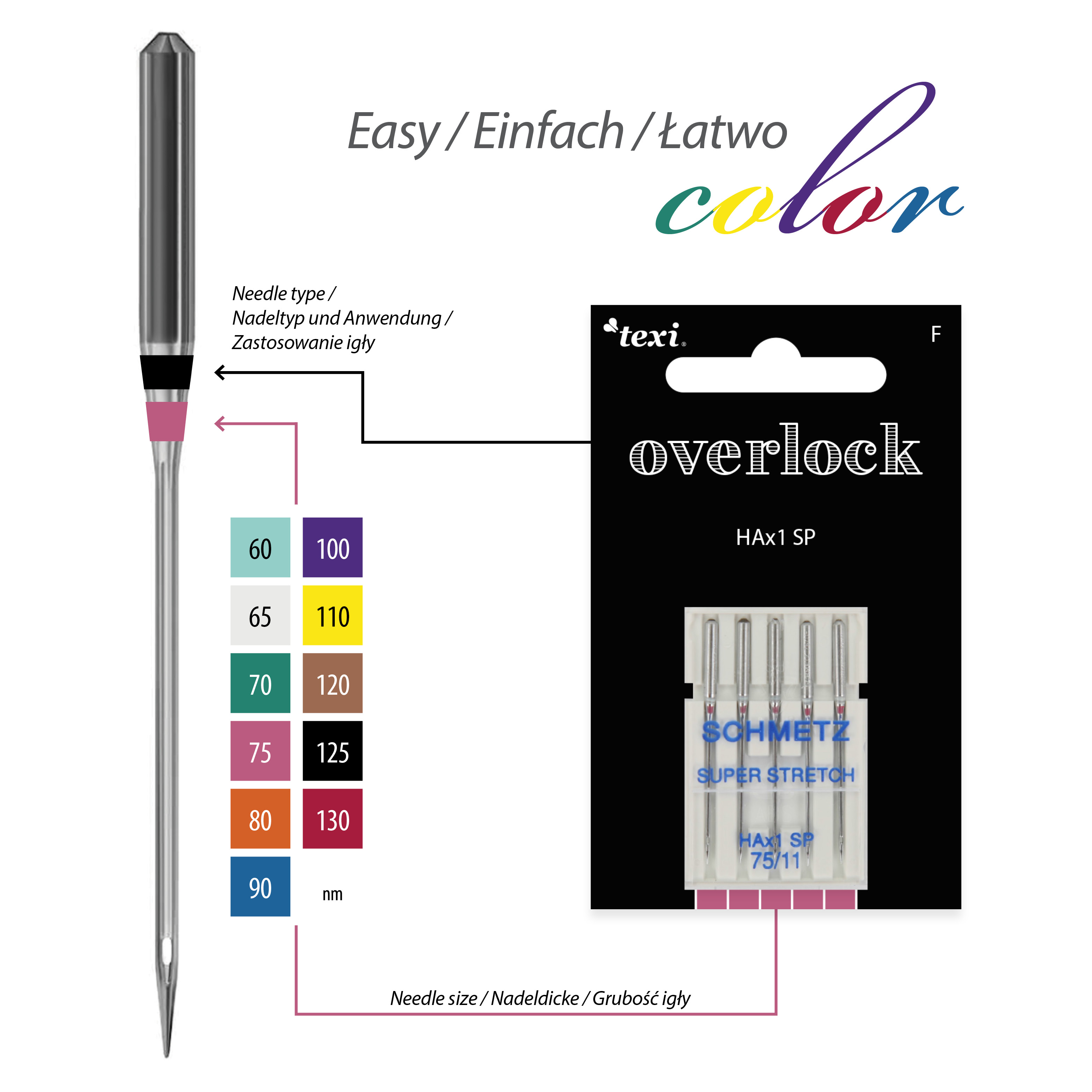 TEXI OVERLOCK HAx1 SP 5X75 - Needles for overlock household machines, 5 pcs, size 75 - 2 Needles for overlock household machines, 5 pcs, size 75