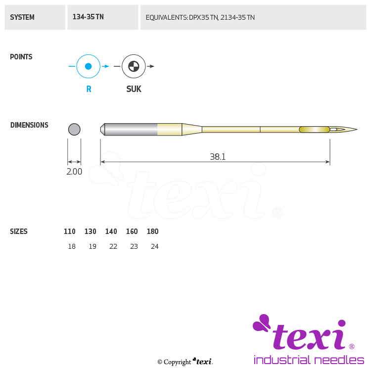 TEXI 134-35 (R) TN 130 - Sewing machine needle, 1box = 100 pcs - 1 Sewing machine needle, 1box = 100 pcs