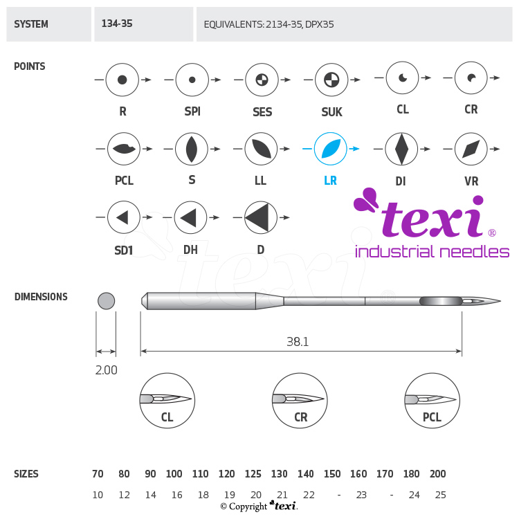TEXI 134-35 LR 110 - Sewing machine needle, 1box = 100 pcs - 1 Sewing machine needle, 1box = 100 pcs