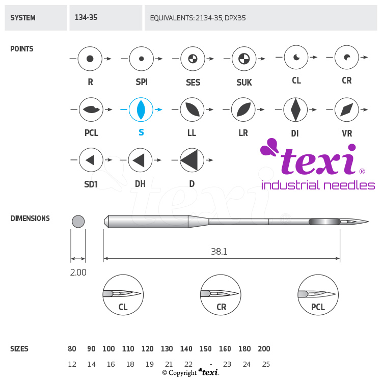 TEXI 134-35 S 130 - Sewing machine needle, 1box = 100 pcs - 1 Sewing machine needle, 1box = 100 pcs