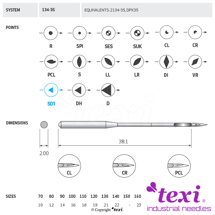 TEXI 134-35 SD1 110 - Sewing machine needle, 1box = 100 pcs - 1 Sewing machine needle, 1box = 100 pcs