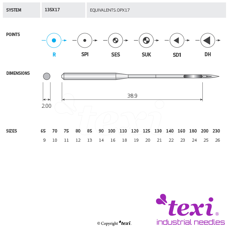 TEXI 135X17 200 - Sewing machine needle, 1box = 100 pcs - 1 Sewing machine needle, 1box = 100 pcs