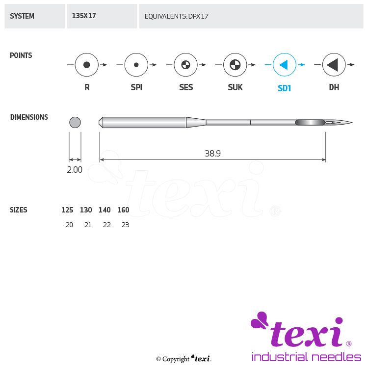 TEXI 135X17 SD1 130 - Sewing machine needle, 1box = 100 pcs - 1 Sewing machine needle, 1box = 100 pcs