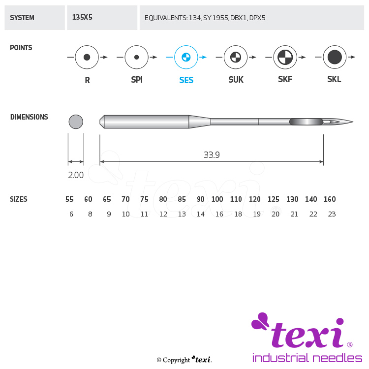 TEXI 135X5 SES 110 - Sewing machine needle, 1box = 100 pcs - 1 Sewing machine needle, 1box = 100 pcs