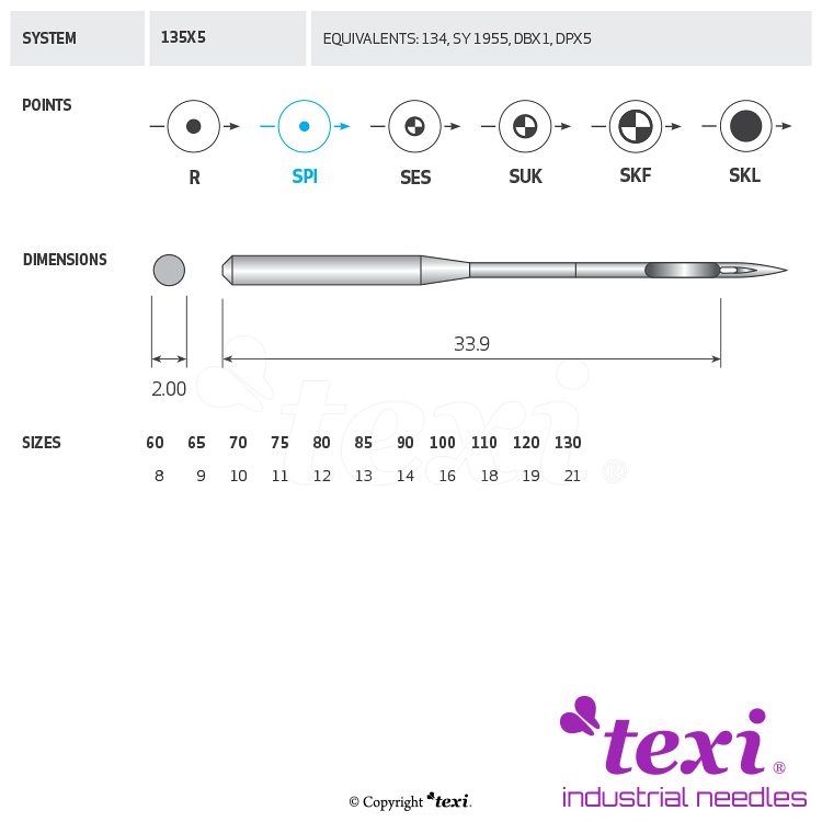 TEXI 135X5 SPI 065 - Sewing machine needle, 1box = 100 pcs - 1 Sewing machine needle, 1box = 100 pcs