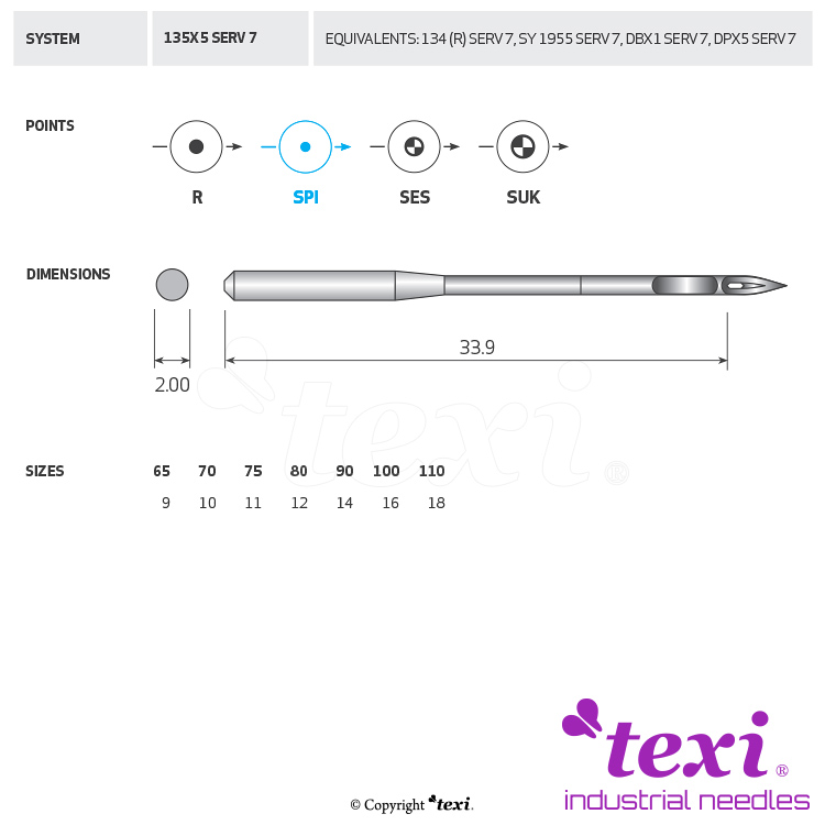 TEXI 135X5 SPI SERV 7 080 - Sewing machine needle, 1box = 100 pcs - 1 Sewing machine needle, 1box = 100 pcs