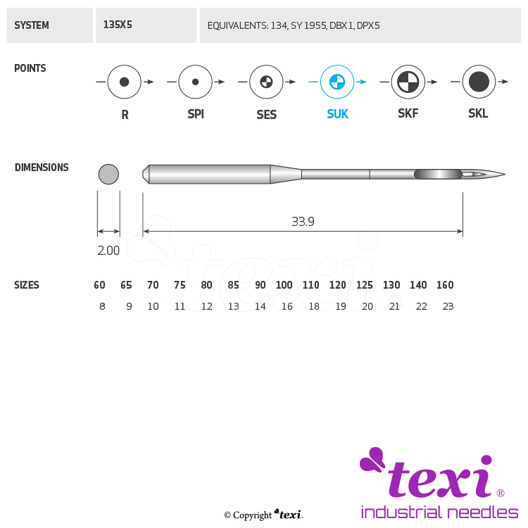 TEXI 135X5 SUK 070 - Sewing machine needle, 1box = 100 pcs - 1 Sewing machine needle, 1box = 100 pcs
