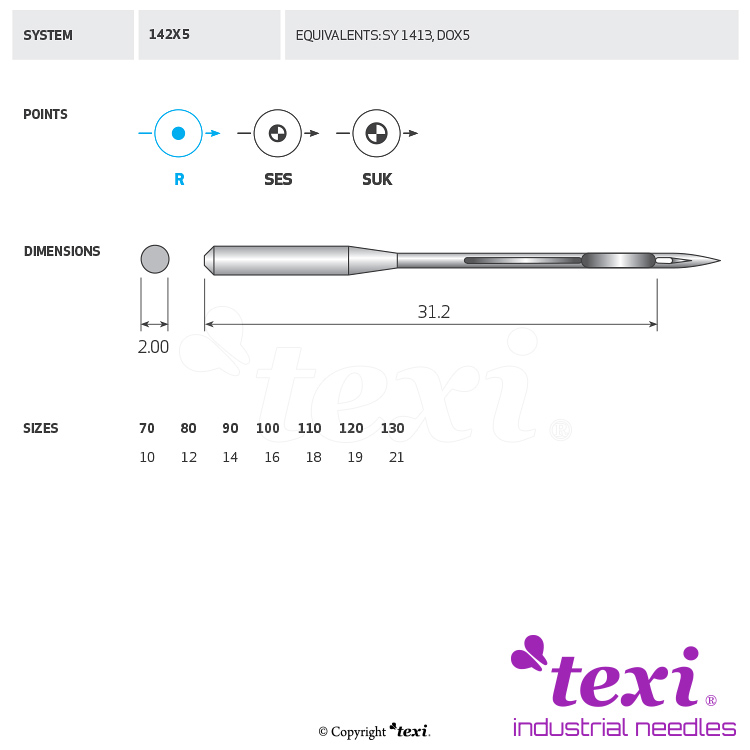 TEXI 142X5 130 - Sewing machine needle, 1box = 100 pcs - 1 Sewing machine needle, 1box = 100 pcs