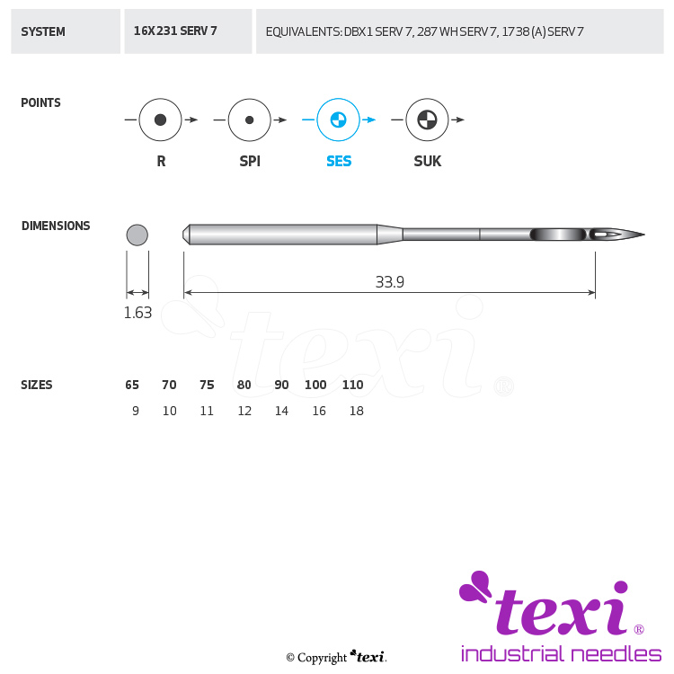 TEXI 16X231 SES SERV 7 100 - Sewing machine needle, 1box = 100 pcs - 1 Sewing machine needle, 1box = 100 pcs