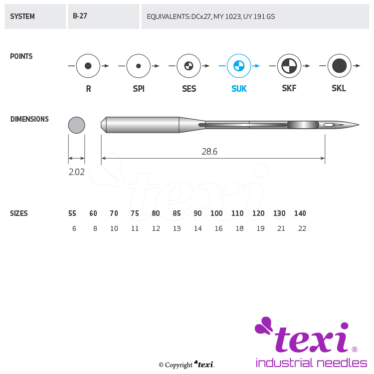 TEXI B-27 SUK 060 - Sewing machine needle, 1box = 100 pcs - 1 Sewing machine needle, 1box = 100 pcs