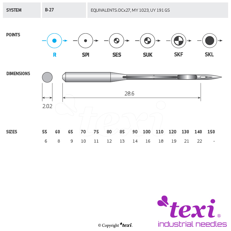 TEXI B-27 055 - Sewing machine needle, 1box = 100 pcs - 1 Sewing machine needle, 1box = 100 pcs