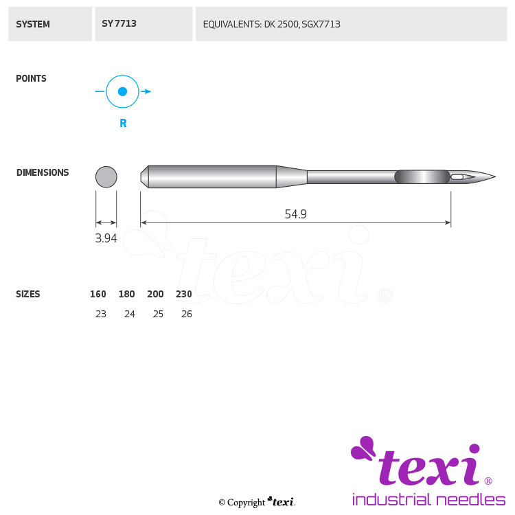 TEXI SY 7713 230 - Sewing machine needle, 1box = 100 pcs - 1 Sewing machine needle, 1box = 100 pcs