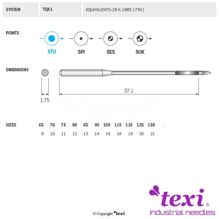 TEXI TQX1 100 - Sewing machine needle, 1box = 100 pcs - 1 Sewing machine needle, 1box = 100 pcs