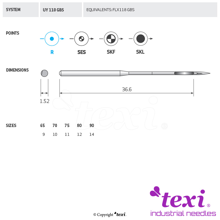 TEXI UY 118 GBS 080 - Sewing machine needle, 1box = 100 pcs - 1 Sewing machine needle, 1box = 100 pcs