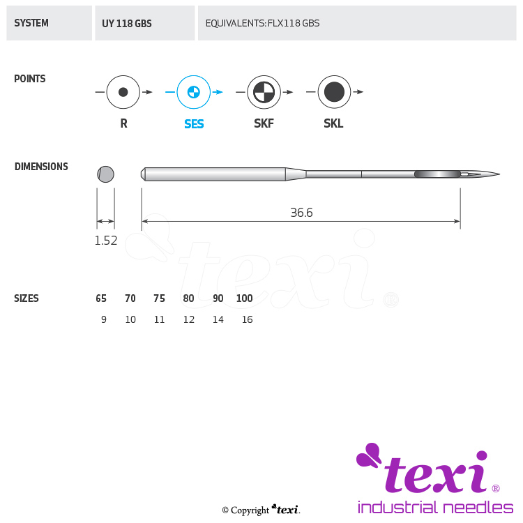 TEXI UY 118 GBS SES 070 - Sewing machine needle, 1box = 100 pcs - 1 Sewing machine needle, 1box = 100 pcs