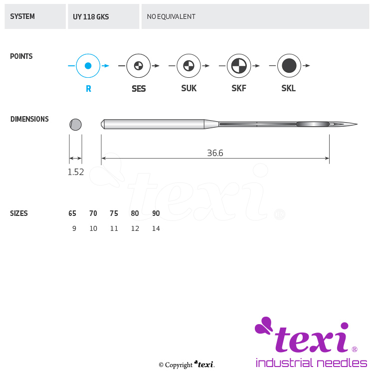 TEXI UY 118 GKS 080 - Sewing machine needle, 1box = 100 pcs - 1 Sewing machine needle, 1box = 100 pcs