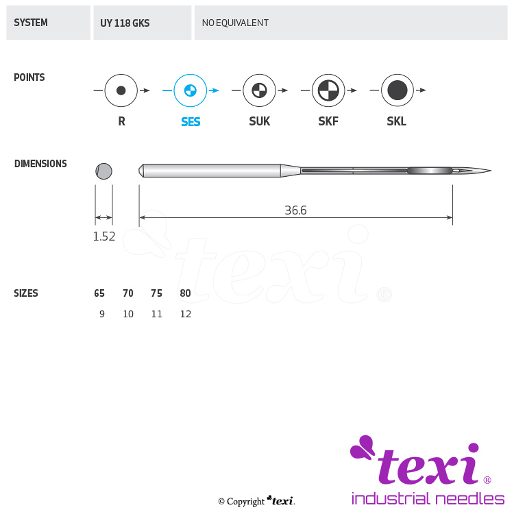 TEXI UY 118 GKS SES 070 - Sewing machine needle, 1box = 100 pcs - 1 Sewing machine needle, 1box = 100 pcs