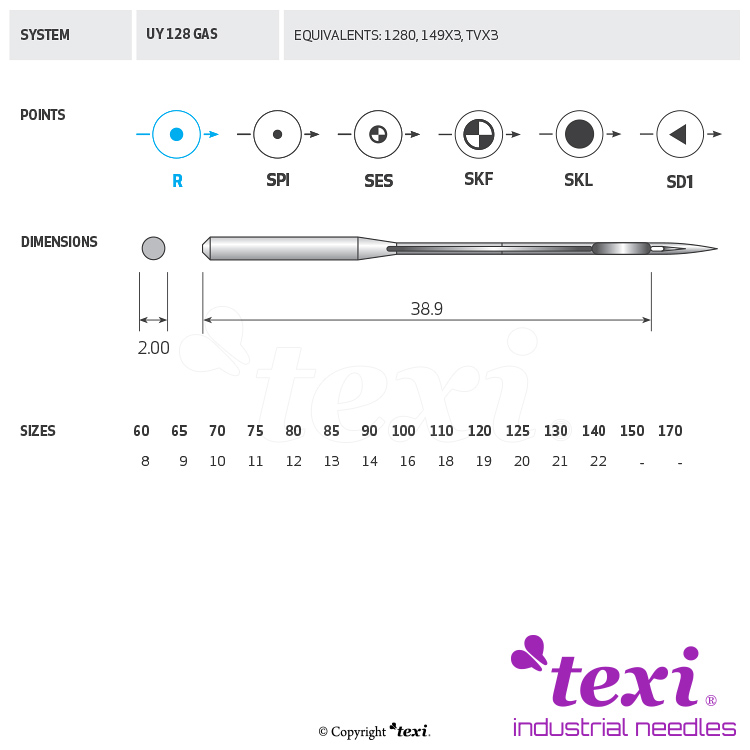 TEXI UY 128 GAS 130 - Sewing machine needle, 1box = 100 pcs - 1 Sewing machine needle, 1box = 100 pcs
