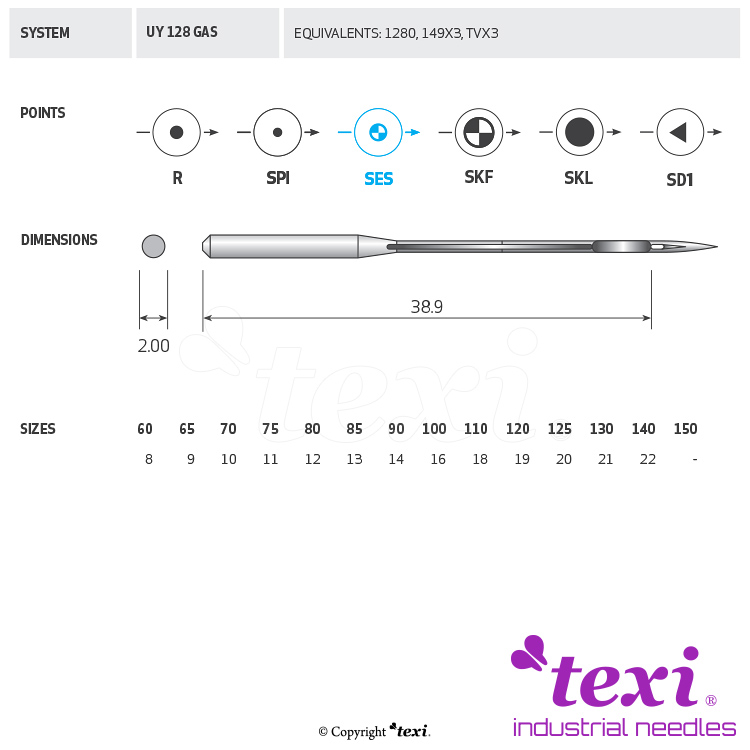 TEXI UY 128 GAS SES 075 - Sewing machine needle, 1box = 100 pcs - 1 Sewing machine needle, 1box = 100 pcs