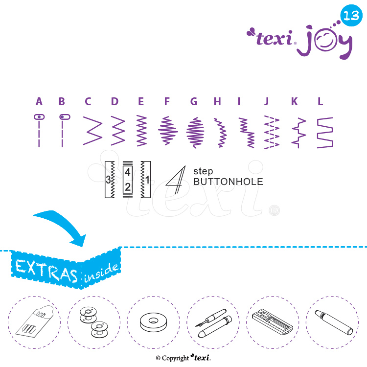 TEXI JOY 13 PURPLE KID SET - Multifunctional mechanical sewing machine, 13 stitches - 6 Multifunctional mechanical sewing machine, 13 stitches