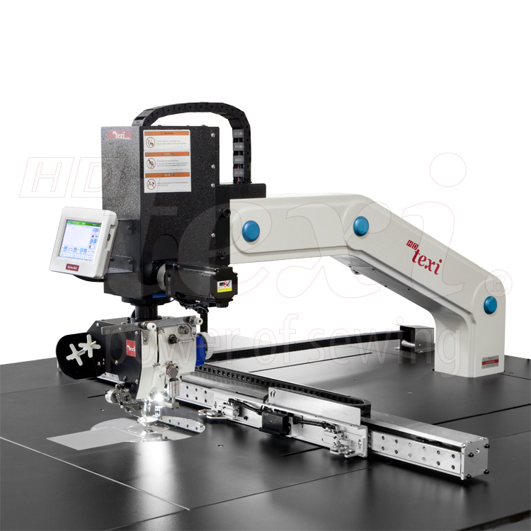 Programmable sewing machine with liftable rotary sewing head and independent drives